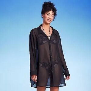 Women's Long Sleeve Cover Up Shirtdress - Shade & Shore Black S
